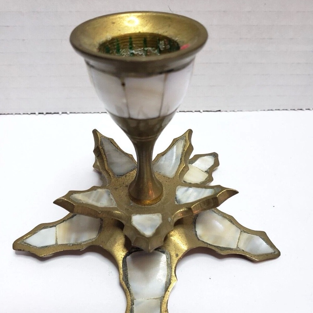 Brass and Mother-of-Pearl Star Candle Holder - White Brass Accent